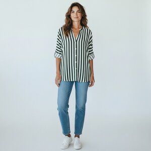 Club Z Collection Striped Button Front Blouse Green White 1X Rayon